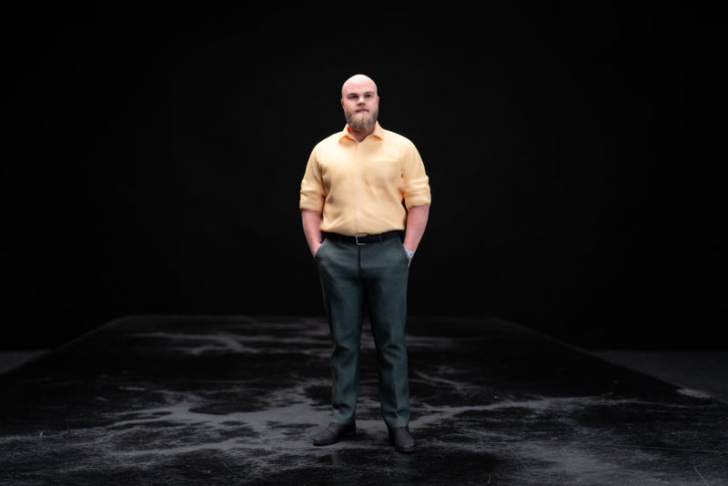 Full-color 3D printed figurine of a bearded man in a yellow shirt